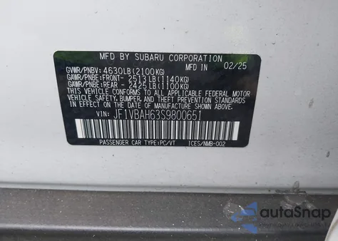 2025 Subaru Wrx Premium from USA, damaged, VIN JF1VBAH63S9800651